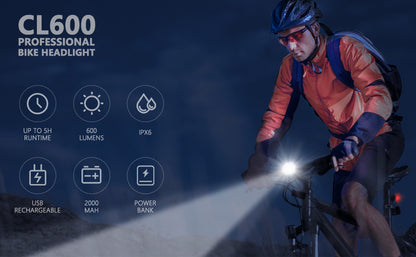 TOWILD 600 Lumen Bike Lights 2000 mAh Bike Front Light Type-C Rechargeable Bicycle Headlight IPX6 Waterproof Bicycle Light for Road Cycling, Supports Inverse Installation