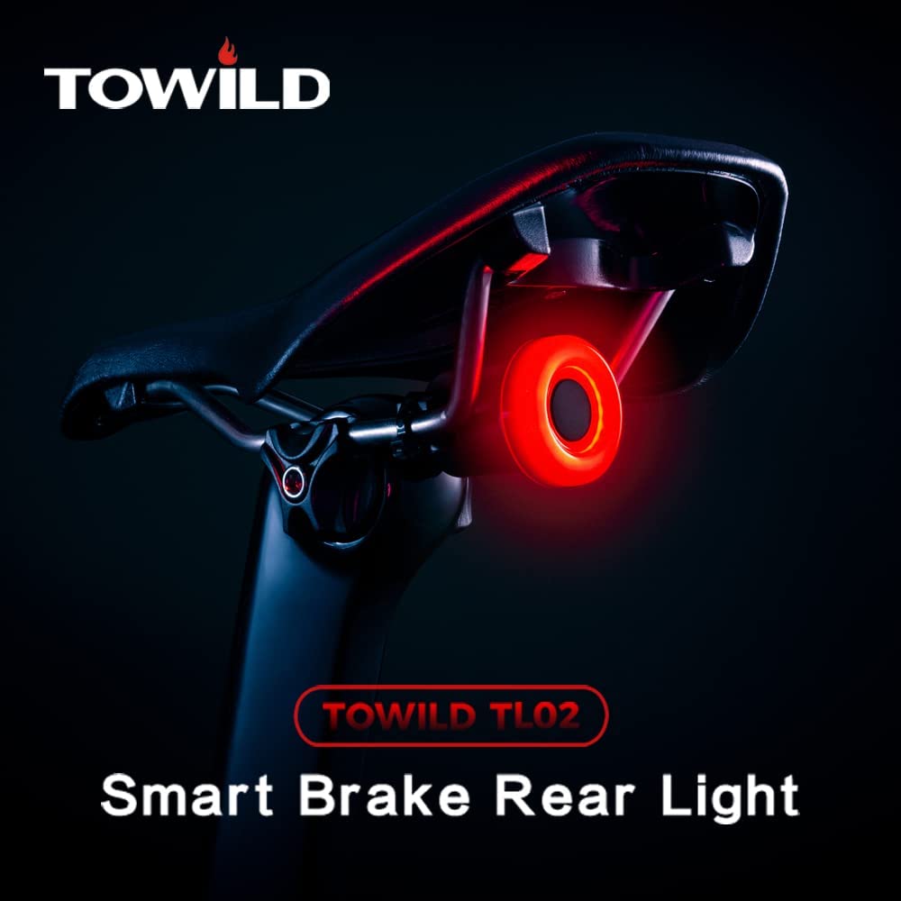 TOWILD TL02 Rear Bike Light Intelligent Bike Taillight with Brake Sense USB C Rechargeable Bicycle Back Tail Bike Light IPX7 Waterproof 5 Light