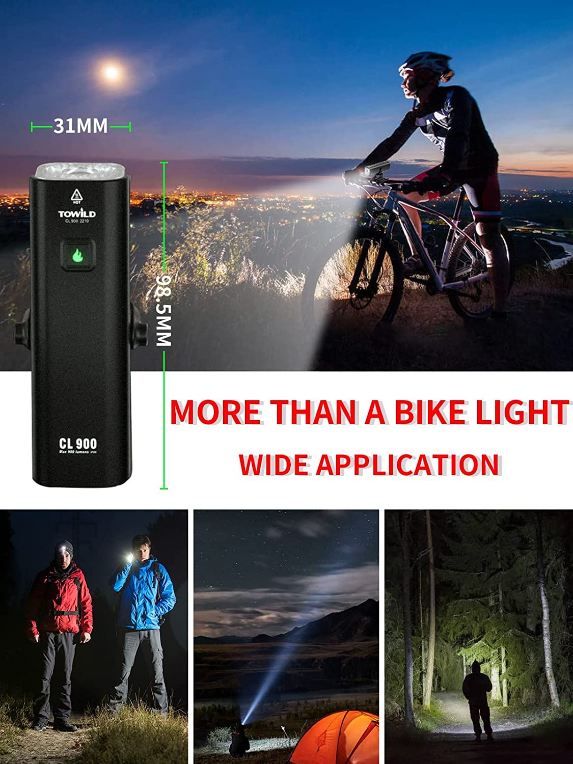 TOWILD CL900 Lumen Bike Lights 2600 mAh Bike Front Light Type-C Rechargeable Bicycle Headlight IPX6 Waterproof Bicycle Light for Road Cycling, Supports Inverse Installation