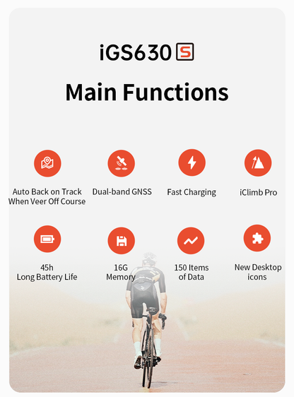 iGS630S BIKE SMART COMPUTER, Auto Back on Track When Veer Off Course  Dual-band GNSS︱Fast Charging︱Type-C︱iClimb Pro︱ 45h︱16G Memory